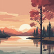 © Nadula - Design an intricate vector illustration that captures the tranquility of a lakeside landscape during sunset. Utilize a warm and inviting color palette of flat colors to depict the serene lake