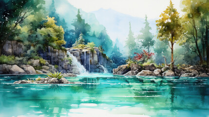 Wall Mural - creative illustration of a waterhole with waterfalls in a paradisiacal place surrounded by trees.