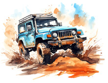 Watercolor Off Road Jeep Clipart White Background, Adventure Printable 2D Illustration Generative Ai