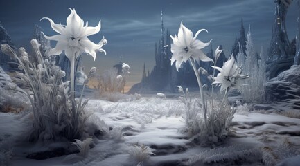 Winter scenery with frosty ice flowers, snow, and crystals