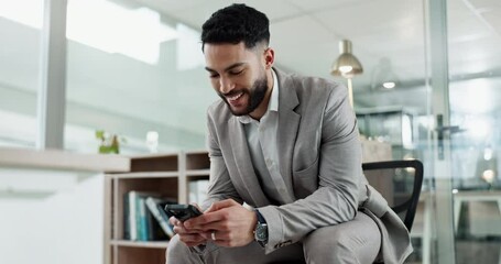 Leinwandbilder - Phone, networking and businessman in the office typing a message on the internet or mobile app. Technology, chatting and young male lawyer on cellphone for email or social media in modern workplace