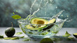 Avocado fruit and Avocado slices with leaf water splash in bowl. Image is generated with the use of an Artificial intelligence