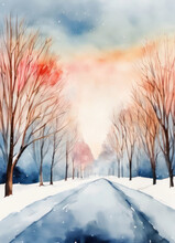 Beautiful Path In Winter Forest With Bare Trees Abstract Art With Copy Space