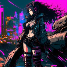 Young Anime Girl Sword Jet Black Hair Thin Glossy Eyes Skin Slightly Revealing Long Ripped Coat Broken Down Highly Detailed Retro 80s Cyber Punk Art Style Neon Pink And Blue Vibrant Colors High 