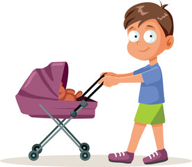 Little Boy Playing with Baby Carriage Vector Cartoon illustration. Child disregarding general stereotype in playtime game
