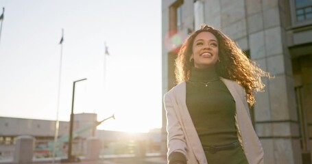 Poster - Walking, city and confident business woman on morning commute for work, career success and job. Travel, professional worker and happy person with confidence, ambition and pride on journey at sunrise