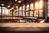 Fototapeta Londyn - Empty rustic bar restaurant café wooden table space platform with defocused blurry pub interior sunny weather autumn summer spring warm cozy house cottage core mockup product display background.
