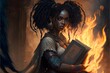 © John - a beautiful African woman dread locks kente escaping a massive burning fantasy library with her journal in hand mystical magical high fantasy epic cinematic
