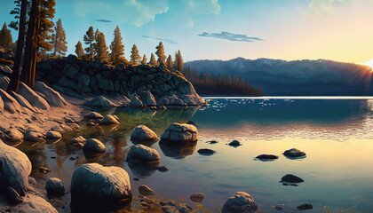 Beautiful illustration of the landscape of Lake Tahoe in California and Nevada, USA