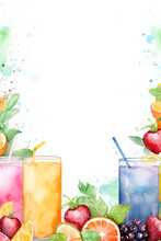 Framed Watercolor Background Of Smoothies, Juices And Fruits