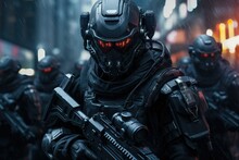 Special forces soldier with assault rifle and machine gun in action in a night city, Tech Vanguard, hi-tech military force