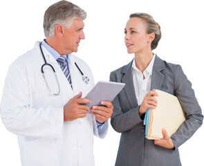 Wall Mural - Digital png photo of caucasian male doctor and businesswoman on transparent background