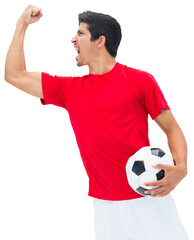 Poster - Digital png photo of happy biracial male footballer with ball on transparent background