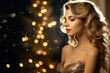 Portrait of a woman wearing night dress, Christmas  tree on the background, fairy lights 