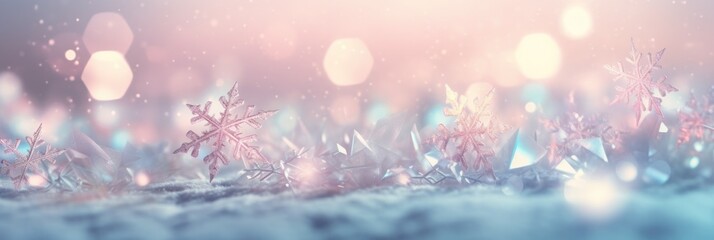 Sparkling snowflake winter background. Detailed dancing ice crystals at Christmas in pastel glowing colors. Snowy landscape closeup.