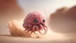 A translucent pink blob creature with octopus tentacles chases small furry critters running past it on the dusty mars ground very fine sand red dust macro shot photorealistic style 