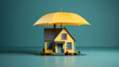 An illustration of a house surrounded by a protective umbrella,  symbolizing insurance coverage