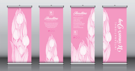 Wall Mural - International women's day themed roll up banner template, Standee template, X-banner template, Flag banner, Vector illustration