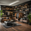 Modern minimalist men walk in wardrobe with clothes hanging on rods, shelves and drawers. Dressing room with space for storing and organizing accessories. Interior design of luxury walk in closet