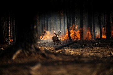 strong forest fire, a forest deer in a panic runs away from the flames