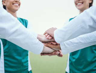 Poster - Stack, sports women or hands of team in huddle with support, smile or plan for a hockey training game. Fitness, pride or happy female athletes in practice for exercise or match together for teamwork