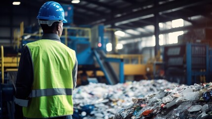 Wall Mural - Mechanical engineer inspects waste recycling system in factory.