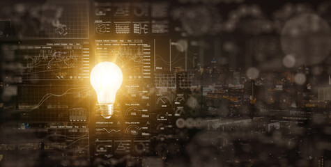 An illuminated or glowing lightbulb on a dark background with data and information analysis. The bulb represents new ideas, innovation, creativity, understanding, knowledge, and inspiration.