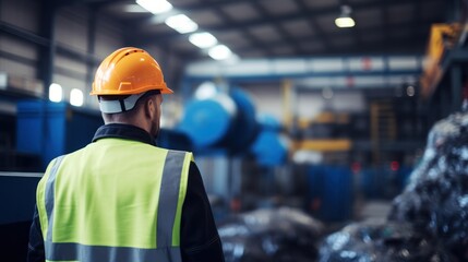 Wall Mural - Mechanical engineer inspects waste recycling system in factory.