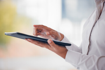 Aufkleber - Woman, hands and tablet in research, networking or social media for online communication at office. Closeup of female person or employee with technology in browsing, web search or design at workplace
