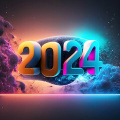 A futuristic and three-dimensional '2024' text that appears to be floating in space, with vibrant colors and dynamic lighting