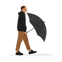 Wall Mural - Male character with an open umbrella in his hand goes on a white background