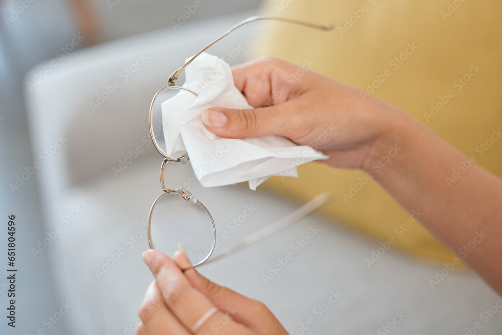 Tissue Spectacle Hands, person and cleaning vision glasses with tissue for lens ...