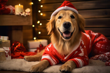 Inside a cozy house, a happy and smiley Golden Retriever dog is joyfully dressed in a Christmas costume, radiating warmth and holiday cheer. 