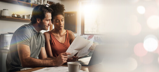 Wall Mural - Laptop, space and an interracial couple in their home for budget planning or finance investment accounting. Documents, mockup or banner with a man and woman reading bank information for savings