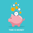 business economy save time and money concept. pink piggy bank and gold coins. vector illustration modern flat design. isolated on blue background. Finance and investment concept.