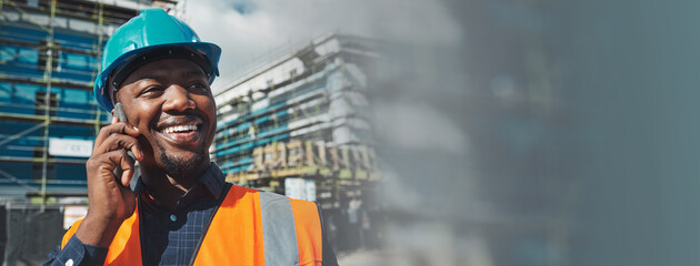 Poster - phone call, engineering man and happy city planning, construction site communication and dust overla