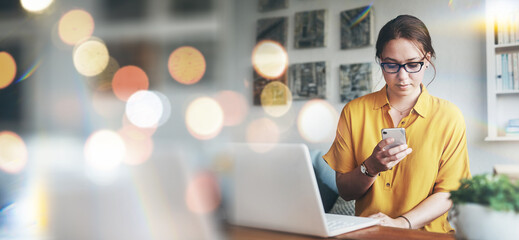 Aufkleber - Remote work from home, laptop and woman with a smartphone, typing and entrepreneur with connection. Person, employee and freelancer with a pc, cellphone and digital app with social media and network