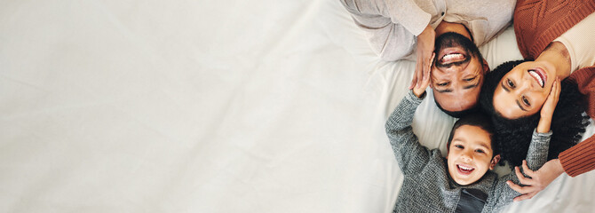 top view, portrait and family with love, smile and trust with mockup space, bonding and weekend brea