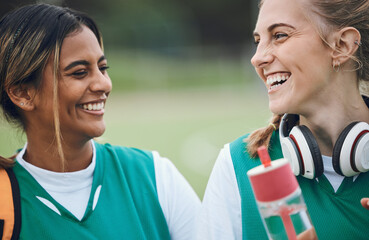 Canvas Print - Laughing, team sports or women in conversation on turf or court for break after fitness training or exercise. Smile, happy friends or funny female hockey players speaking or talking to relax together