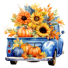 Watercolor old blue truck sunflower halloween painting transparent background