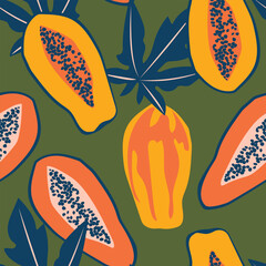 Wall Mural - Papaya pattern. Tropical juicy ripe exotic fruits form a seamless pattern for textiles with a green background. Vector.