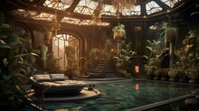 Asian exotic futuristic style greenhouse spa in art deco design interior at a luxury hotel