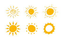 Hand Drawn Sun Icon Vectors Isolated On White Background. Hand Drawn Sun Shine Ray Set. Sunset Icon Collection. Sunrise Icon Collection. 