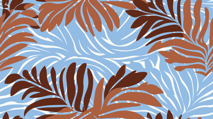 Wall Mural - Brown blue abstract background with tropical palm leaves in Matisse style. Vector seamless pattern with Scandinavian cut out elements.