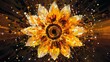 An abstract pixelated flower resembling a sunflower, with a central disk formed by clusters of pixelated dots in shades of yellow and orange.