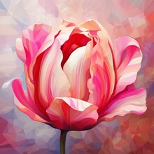 A Pixelated Digital Illusion Of An Abstract Pixelated Tulip, With Pixelated Petals In Varying Shades Of Pink And Red, Arranged In A Dynamic, Swirling Pattern.