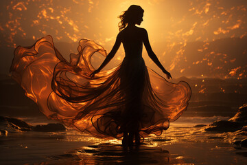 Poster - A fluid, sinuous silhouette that appears to be both a wave crashing against a shore and a dancer in mid-twirl.
