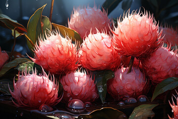 Poster - A pile of Rambutans with their hairy red shells peeled open to reveal the translucent, juicy flesh inside.