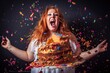 Explosion of flavors of a sweet cake, which splashes on a young obese woman, generated by AI, fictional.