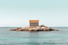 The Rise In Sea Level Leaves A Small House On A Promontory Isolated.